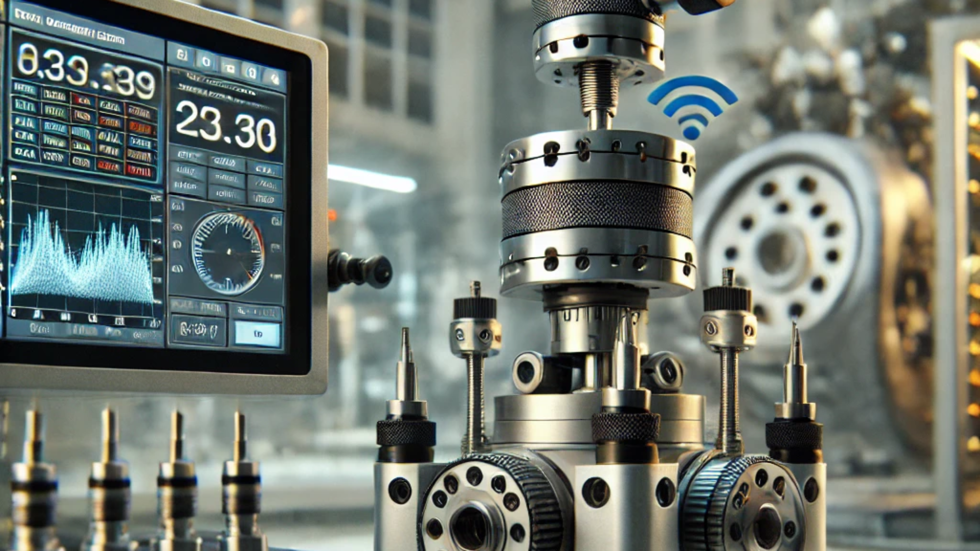 DALL·E 2024-12-20 16.17.50 - A highly detailed and professional industrial setup for wireless torque and thrust measurement. The setup includes advanced shear strain gauges attach