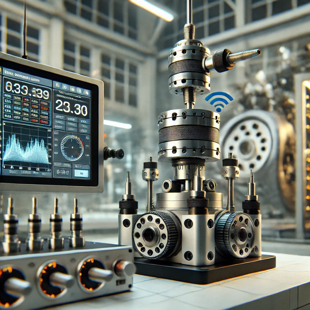 DALL·E 2024-12-20 16.17.50 - A highly detailed and professional industrial setup for wireless torque and thrust measurement. The setup includes advanced shear strain gauges attach